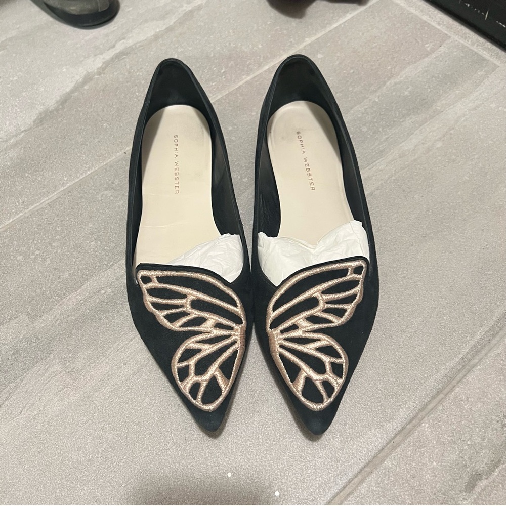 Sophia Webster Black Flats with Gold Butterfly Detail